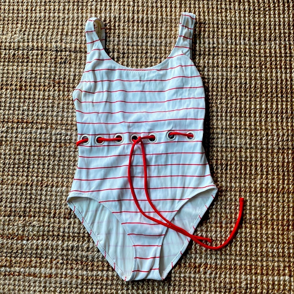 SOLID & STRIPED - one piece swimsuit. Off white / red.